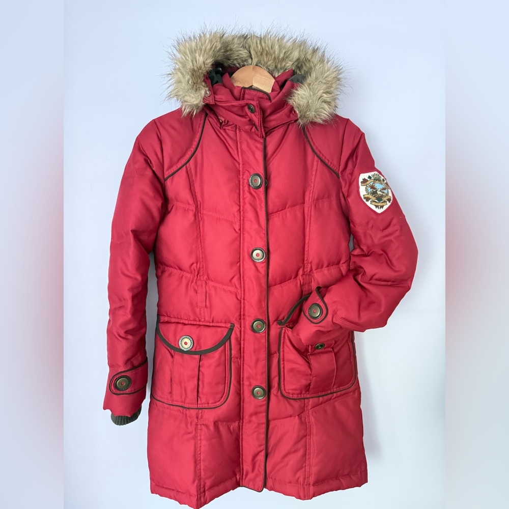 Red Long Down Coat Winter Parka Faux Fur Hood size 36